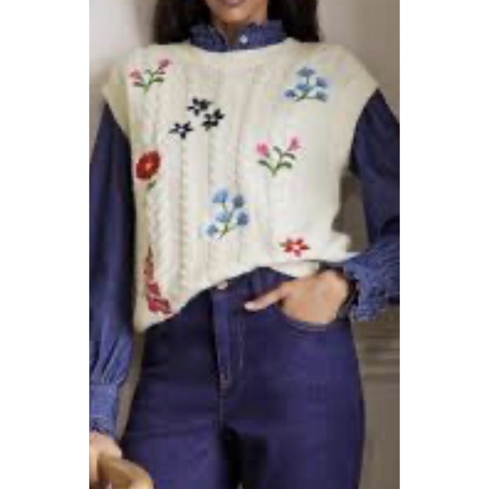 Boden Cream Floral Embroidered Sleeveless Sweater Vest XS Wool Alpaca
